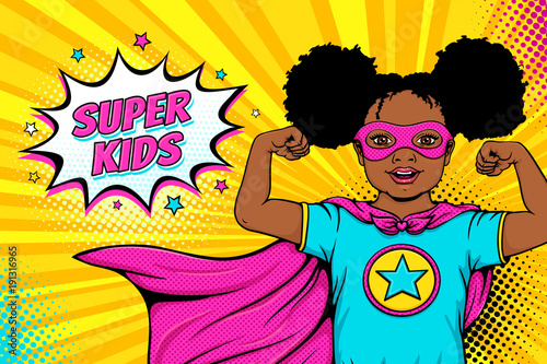 Wow face. Cute surprised afro american black little girl dressed like superhero shows her power and Super Kids speech bubble. Vector illustration in retro pop art comic style. Party invitation poster.