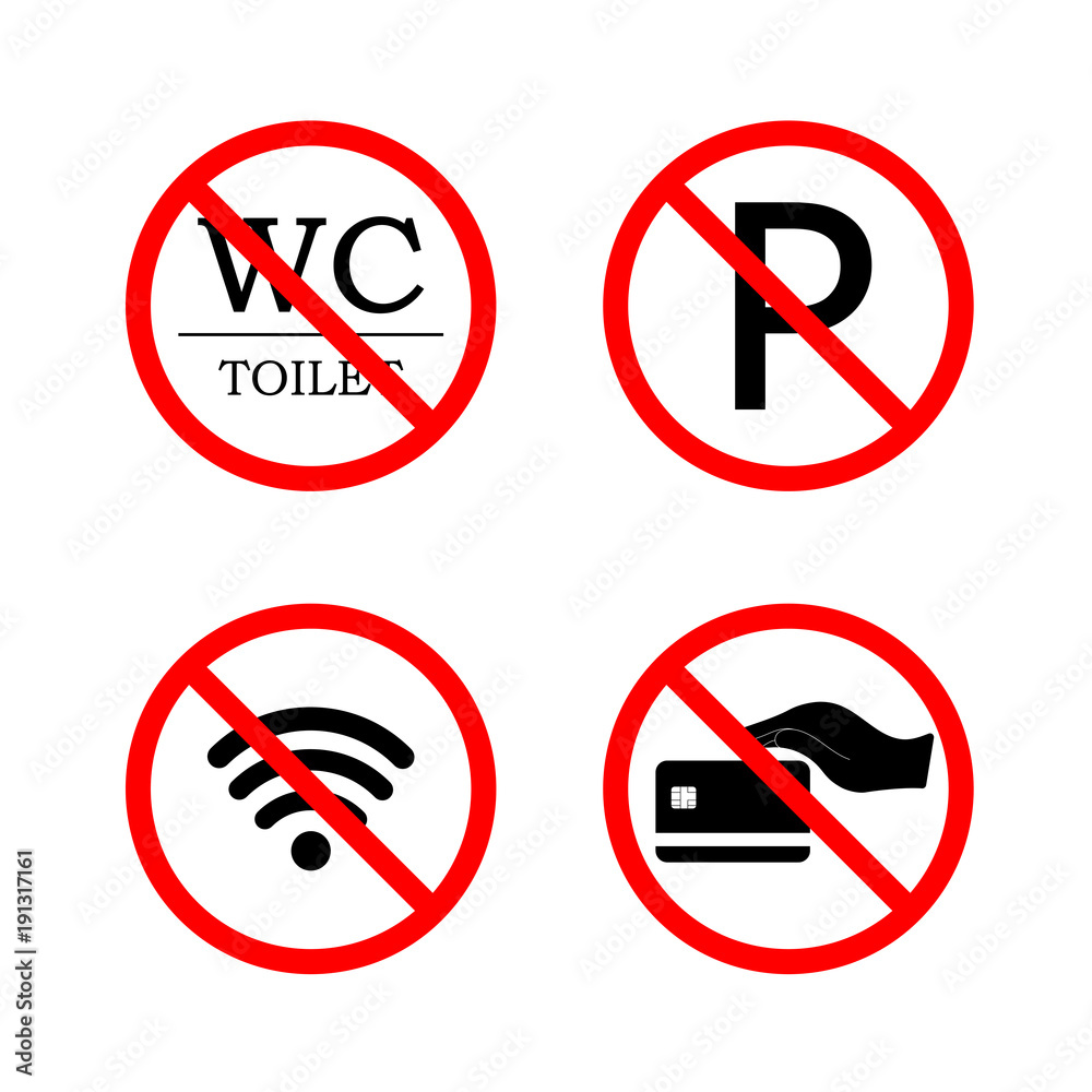 Parking icon. WC icon. Credit card icon. Wi-Fi icon. No Parking. No WC. No Credit card. No Wi-Fi. Parking icon. WC icon. Credit card icon. Wi-Fi icon. No Parking. No WC. No Credit card. No Wi-Fi.