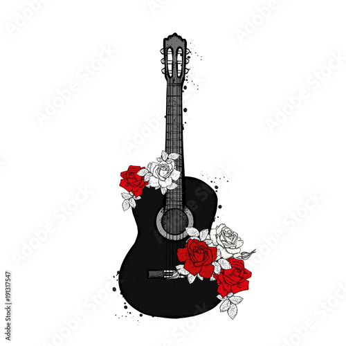 Acoustic guitar and roses. Bouquet of flowers. Vector illustration.