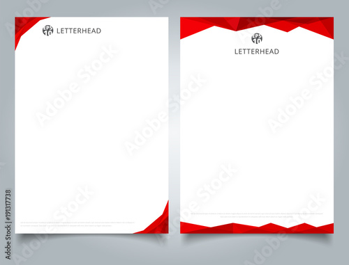 Abstract creative letterhead design template red color geometric triangle overlay on white background.