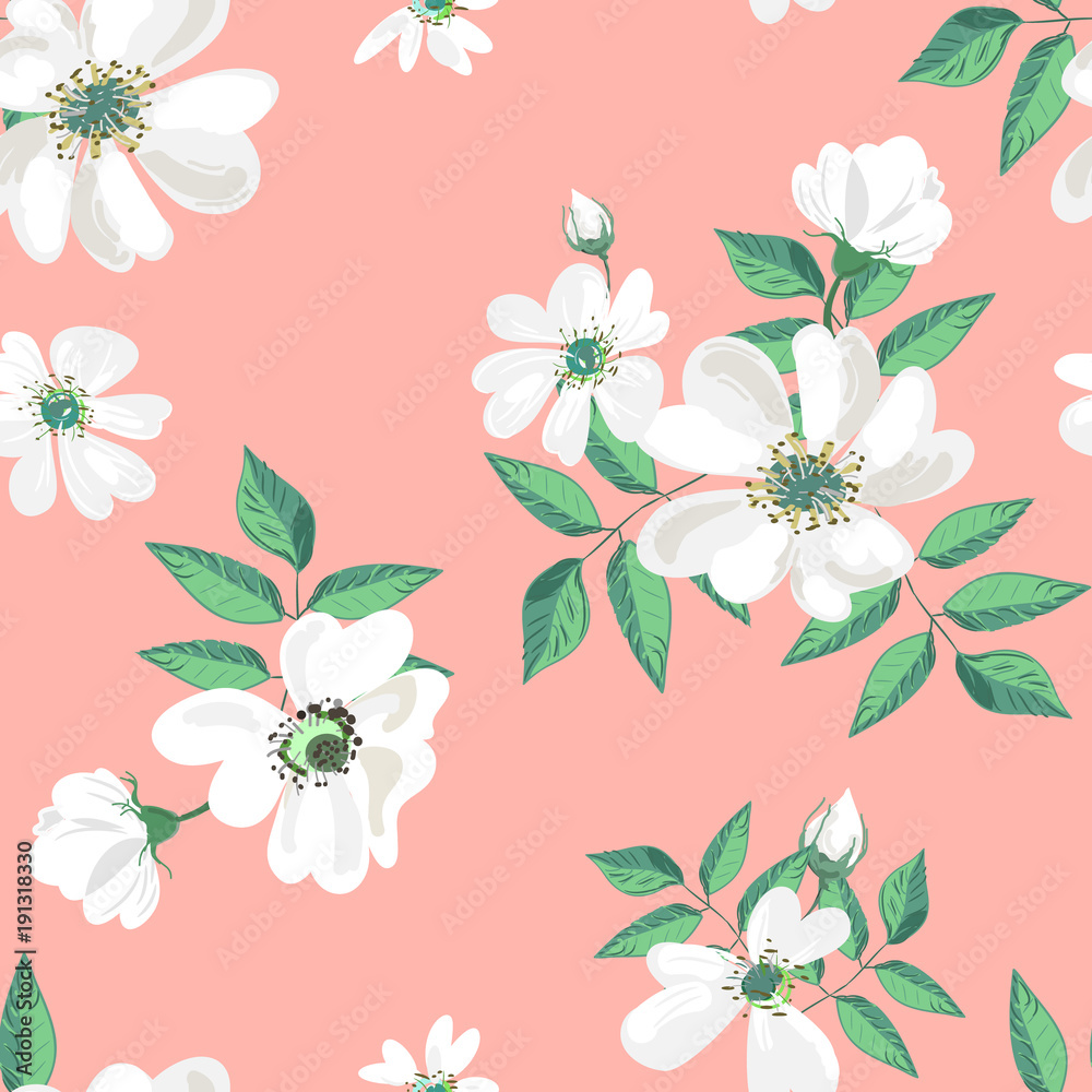 Vector seamless pattern of wild rose flowers.