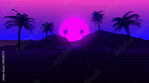 Fotografie, Obraz 80s Retro Synthwave Background 3D Illustration