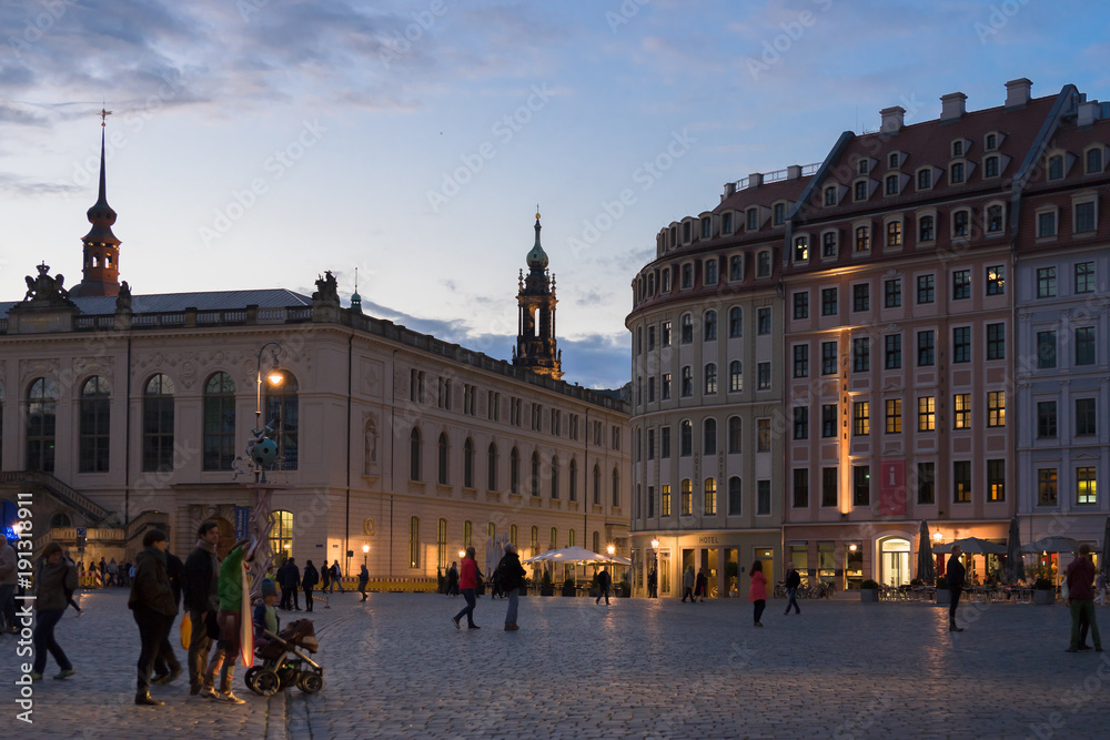 city scene - illuminated Neumarkt Dresden in the evening