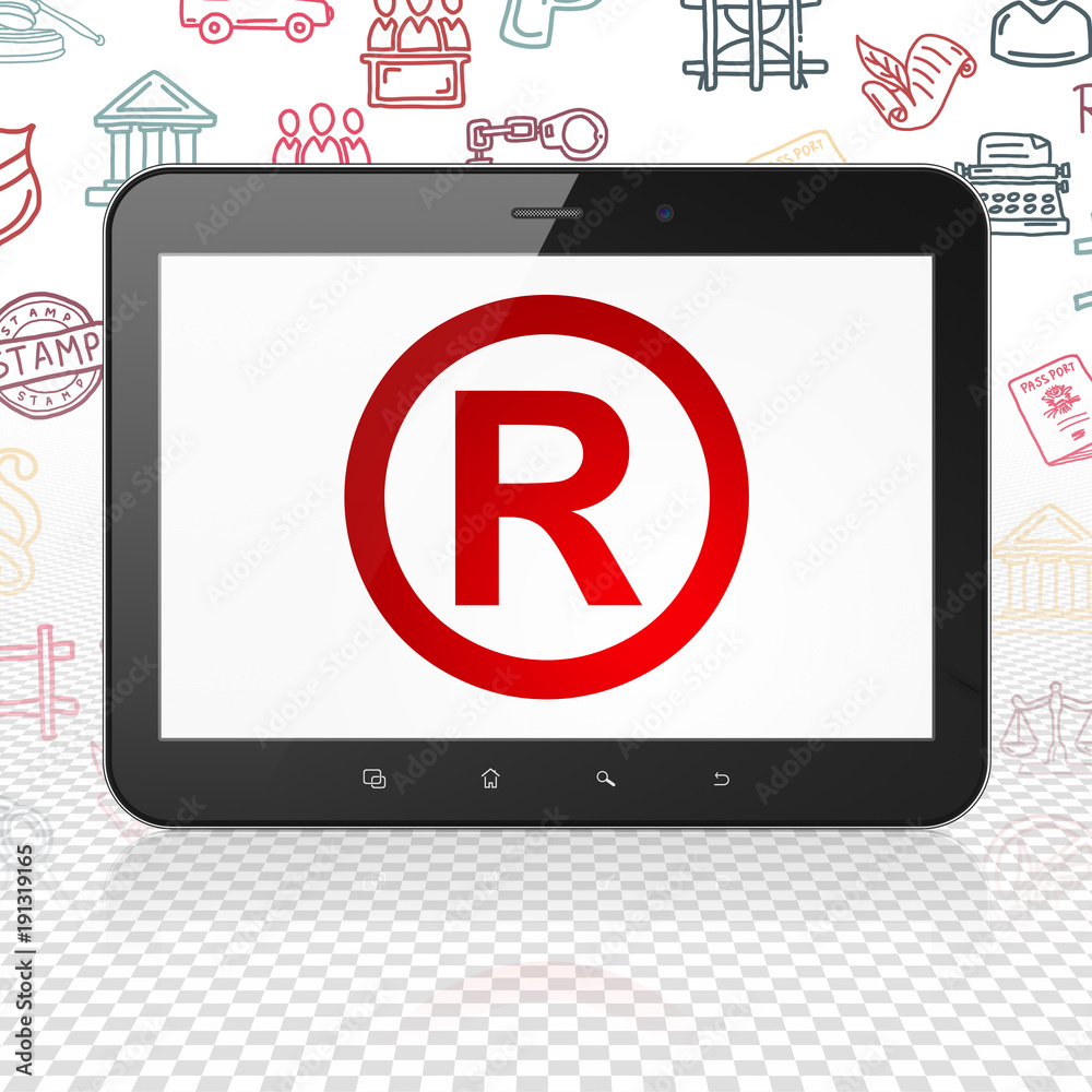 Law concept: Tablet Computer with red Registered icon on display, Hand Drawn Law Icons background, 3D rendering Law concept: Tablet Computer with red Registered icon on display, Hand Drawn Law Icons background, 3D rendering