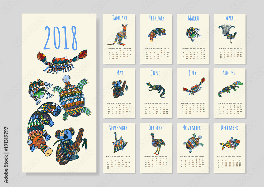 Calendar with tribal australian animals for year 2018. Calendar with cute stylized animals on white background.