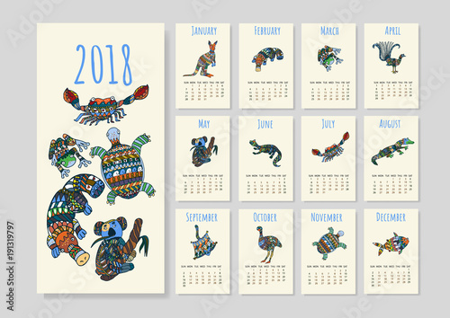 Calendar with tribal australian animals for year 2018. Calendar with cute stylized animals on white background.