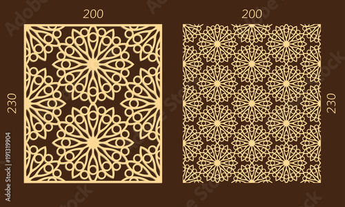 Laser cutting set. Woodcut vector trellis panel. Plywood lasercut eastern design. Hexagonal seamless pattern for printing, engraving, paper cutting. Stencil lattice ornament.