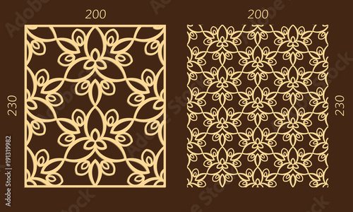 Laser cutting set. Woodcut vector trellis panel. Plywood lasercut eastern design. Hexagonal seamless pattern for printing, engraving, paper cutting. Stencil lattice ornament.