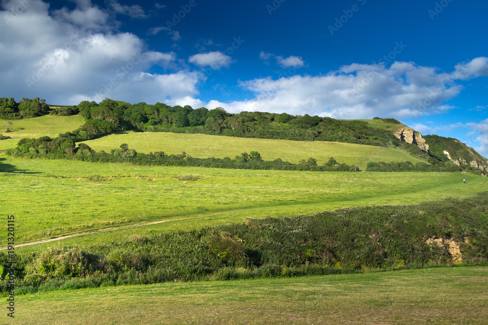 Devon's landscape. Green hill and blue sky. Good peaceful weather. Devonshire. UK