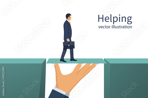 Teamwork concept. Business helping. Two businessmen solved the problem of overcoming the abyss. Vector illustration flat style design. Symbol of working together, cooperation, partnership. 