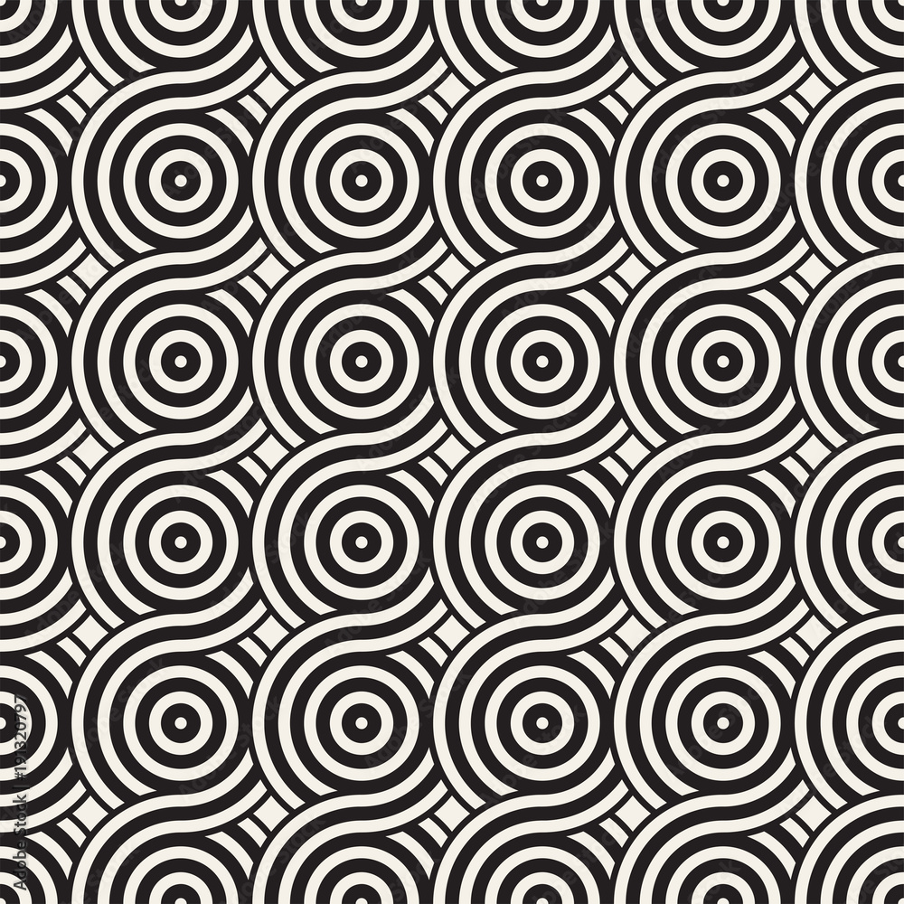 Vector seamless rounded lines texture. Modern geometric circular shape background. Monochrome repeating pattern.