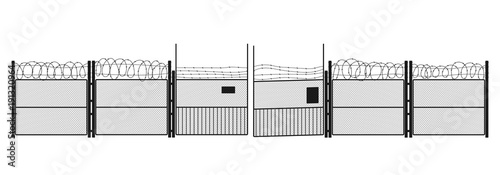 Black silhouette of prison on white background. Gates and steel grid. Symbol of freedom
