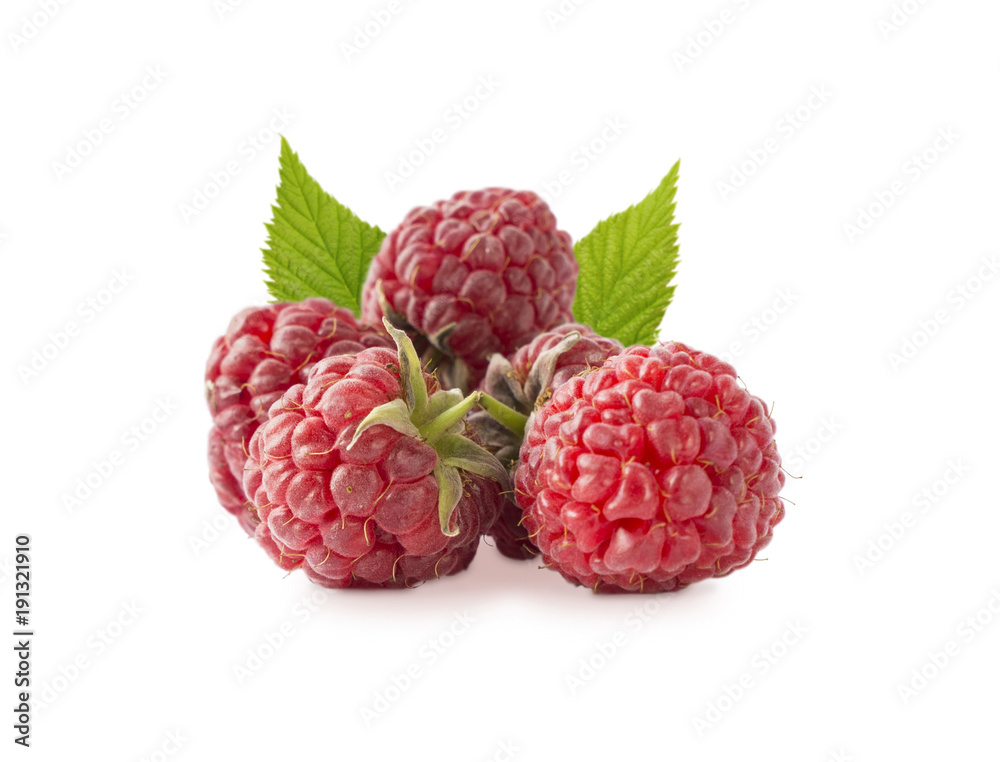 Raspberries with leaves isolated on white. Raspberry close-up. Vegetarian or healthy eating. Juicy and delicious raspberries on a white background.