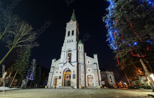 Holy Family church in Zakopane on cold december in christmas evening