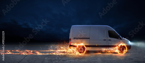 Super fast delivery of package service with van with wheels on fire