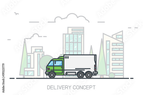 City delivery truck driving on freeway. Urban background, skyscrapers and buildings, park and trees. Delivery concept with city background. Modern line vector illustration. Cargo transportation van.