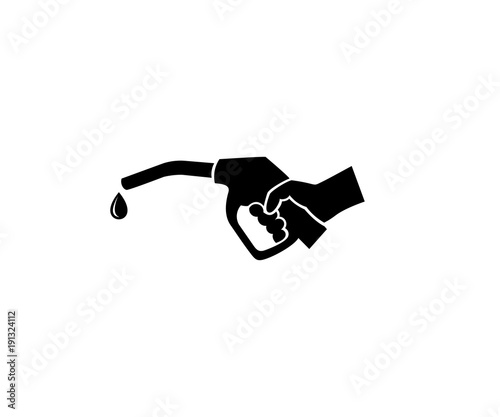 Hand holds a refueling gun and a drop of gasoline logo template. Gas station vector design. Icon and sign gas station