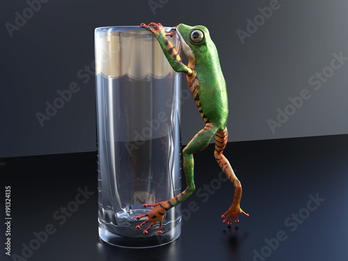 3D rendering of a realistic tree frog climbing on a glass.