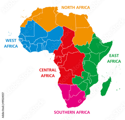Regions of Africa. Political map. United Nations geoscheme with single countries. North, West, Central, East and Southern Africa in different colors. English labeling. Illustration over white. Vector. photo