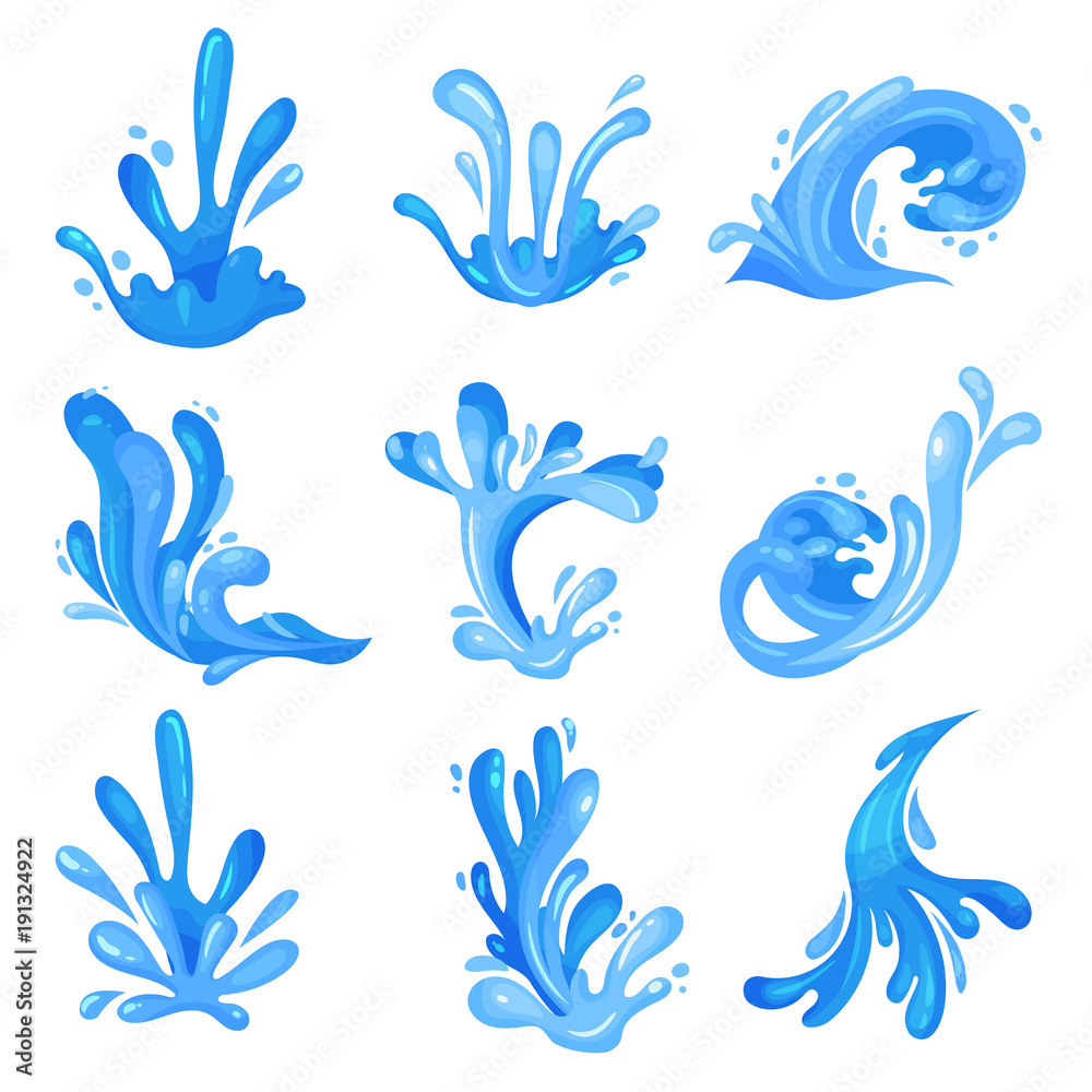 Set of blue sea or ocean waves, powerful water stream vector Illustrations Set of blue sea or ocean waves, powerful water stream vector Illustrations