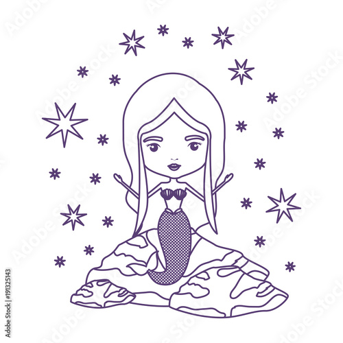 mermaid in a rock with stars in purple contour over white background vector illustration