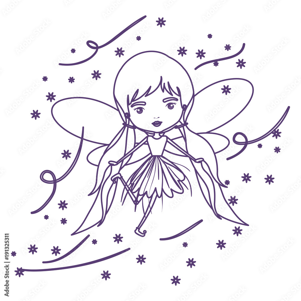 girly fairy flying with wings and pigtails hairstyle and stars in purple contour over white background vector illustration