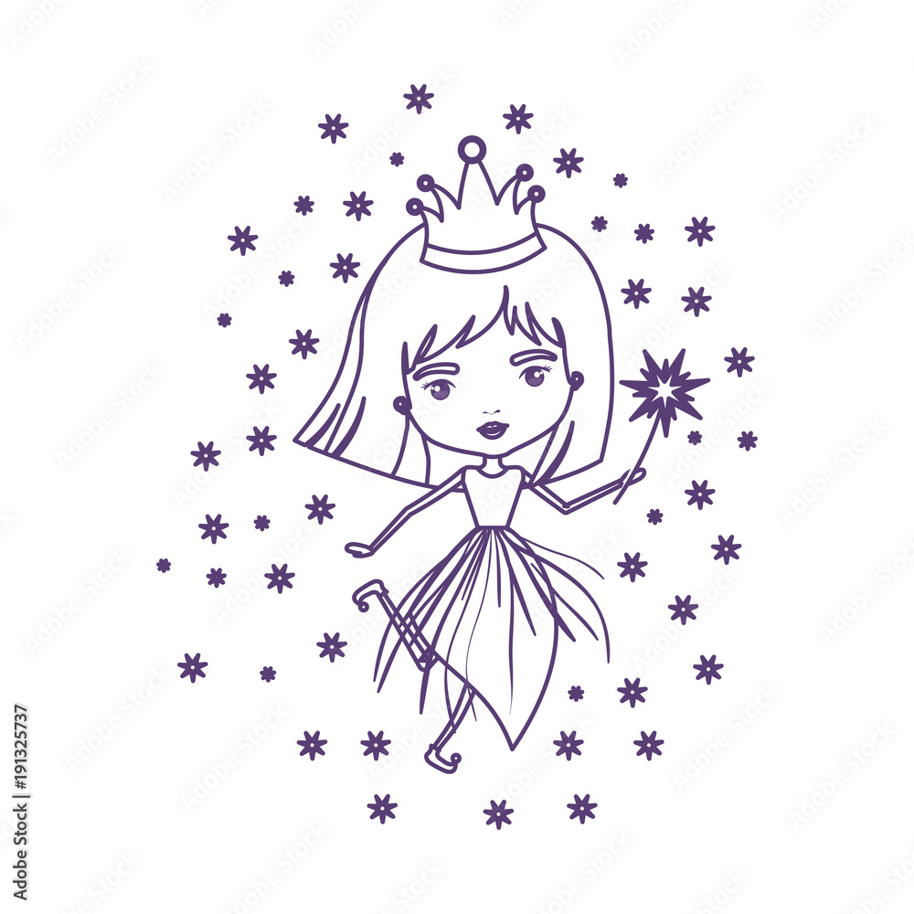 princess fairy with crown and magic wand and stars in purple contour over white background vector illustration princess fairy with crown and magic wand and stars in purple contour over white background vector illustration