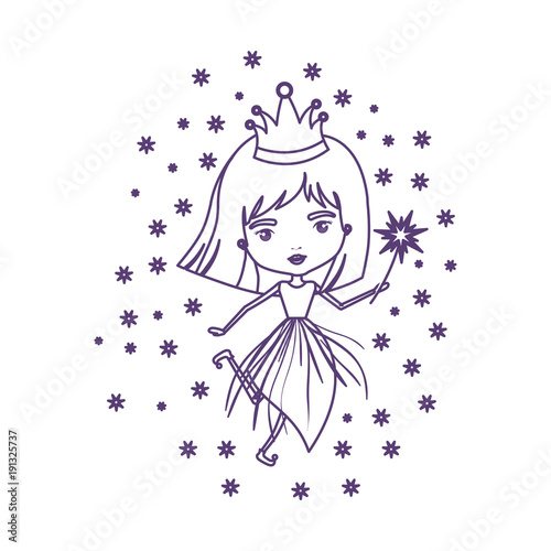princess fairy with crown and magic wand and stars in purple contour over white background vector illustration