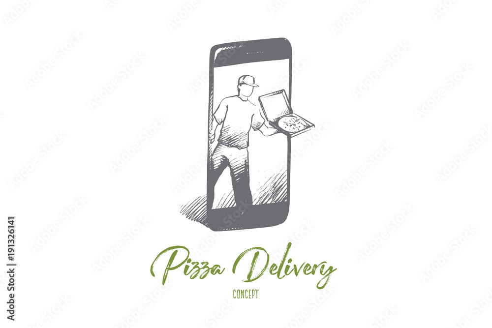 Pizza delivery concept. Hand drawn online pizza order with smartphone. Fast food delivery online service isolated vector illustration. Pizza delivery concept. Hand drawn online pizza order with smartphone. Fast food delivery online service isolated vector illustration.