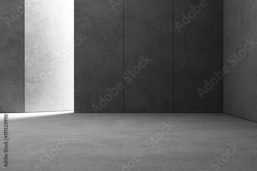 Abstract interior design of modern showroom with empty gray concrete floor and dark wall background - Hall or stage 3d illustration
