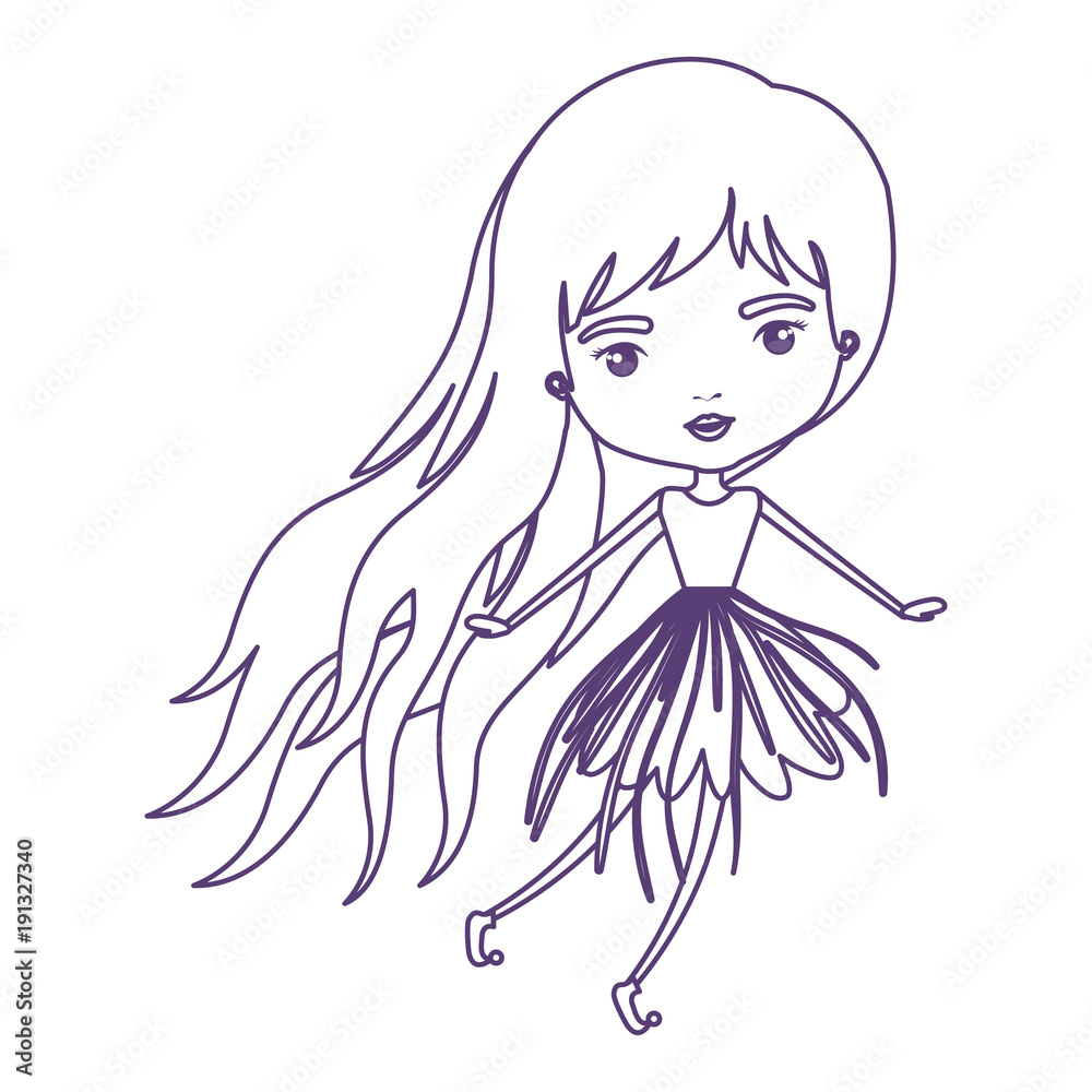 girly fairy without wings and long hair and dress in purple contour over white background vector illustration girly fairy without wings and long hair and dress in purple contour over white background vector illustration