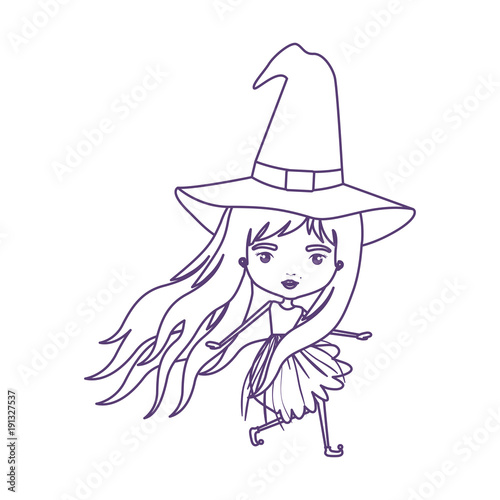 cute witch in purple contour over white background vector illustration