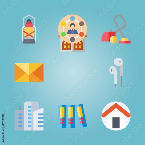 Icon set about Real Assets. with vacuum cleaner, lamp and house