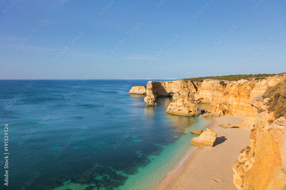 Top view of idyllic beach of Marinha, Algarve Portugal