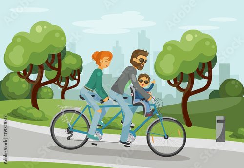 Parents with child riding tandem outdoor in the city park. Happy family concept. Vector illustration.