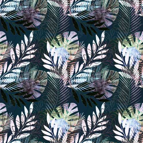Seamless vivid tropical pattern. Colorful palm leaves on a black background.