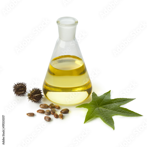  Botlle castor oil with fruit, seeds and leaf