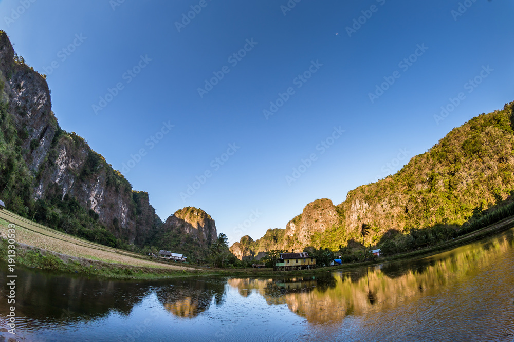 Fototapeta premium View of Rammang-Rammang, limestone forest in South Sulawesi Indonesia