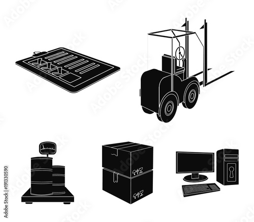 Forklift, delivery slips, packaged goods, cargo on weighing scales. Logistics and delivery set collection icons in black style isometric vector symbol stock illustration web.