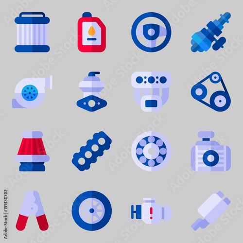 Icons set about Car Engine. with exhaust pipe, oil and motor