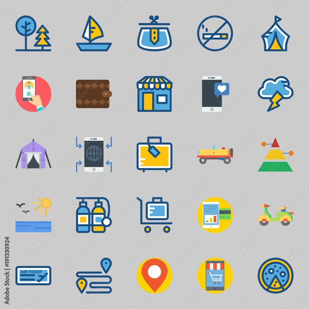 icons set about Travel. with wallet, tent, location, purse, sun and plane ticket icons set about Travel. with wallet, tent, location, purse, sun and plane ticket