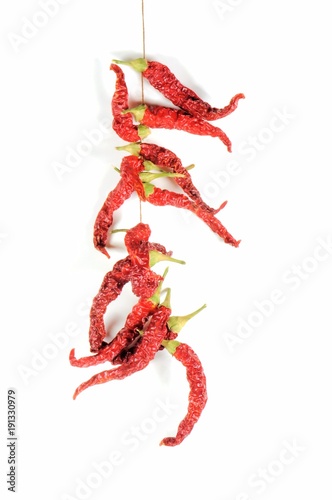 Closeup of dry very spicy chillies hanging in a row isolated on a white background.