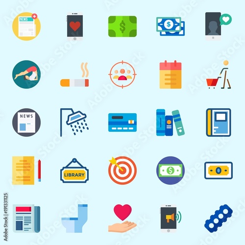 Icons set about Lifestyle with motor, books, target, library, love and money
