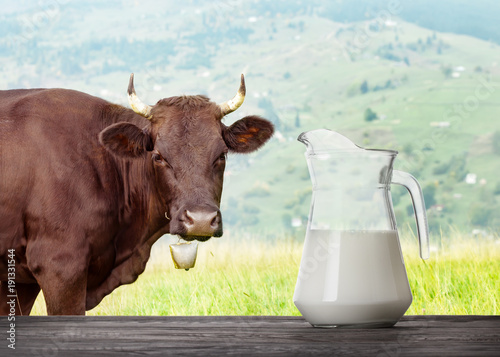 Milk in glass jug on wooden table with cow in meadow in the back