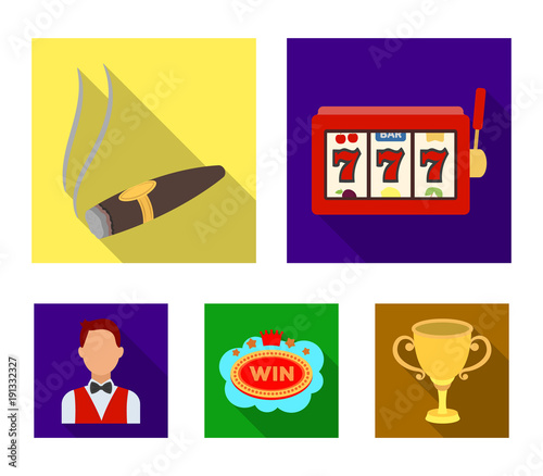 A gaming machine a one-armed bandit, a cigar with smoke, a five-star hotel sign, a dilettante in a vest. Casinos and gambling set collection icons in flat style vector symbol stock illustration web. photo