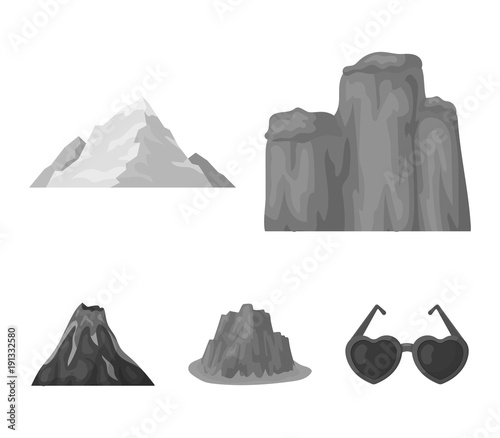 Sheer cliffs, a volcanic eruption, a mountain with a beach, a glacier. Different mountains set collection icons in monochrome style vector symbol stock illustration web.