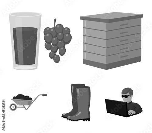 Hive, grapes, boots, wheelbarrow.Farm set collection icons in monochrome style vector symbol stock illustration web.