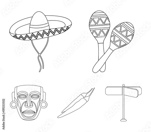 Maracas national musical instrument, sambrero traditional Mexican headdress, red pepper, bitter, idol-deity.Mexico country set collection icons in outline style vector symbol stock illustration web. photo