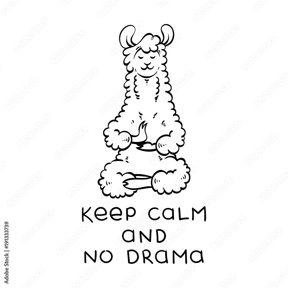 Cute meditating furry llama. Vector cartoon illustration on a white background with motivational lettering.