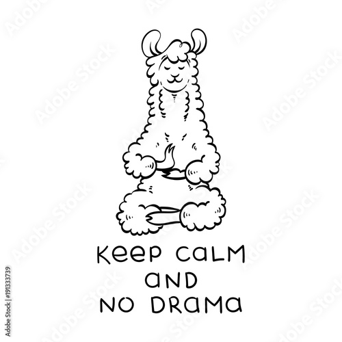 Cute meditating furry llama. Vector cartoon illustration on a white background with motivational lettering.